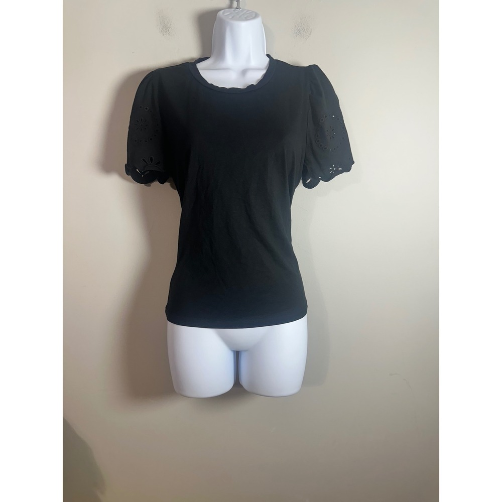 Draper James Womens Black Cotton Modal Eyelet Puff Sleeve Top Size M